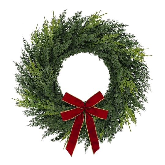 22" Artificial PE Cypress Christmas Wreath with Bow By Puleo International in Green/Red | 22" x 5" x 22" | Michaels®